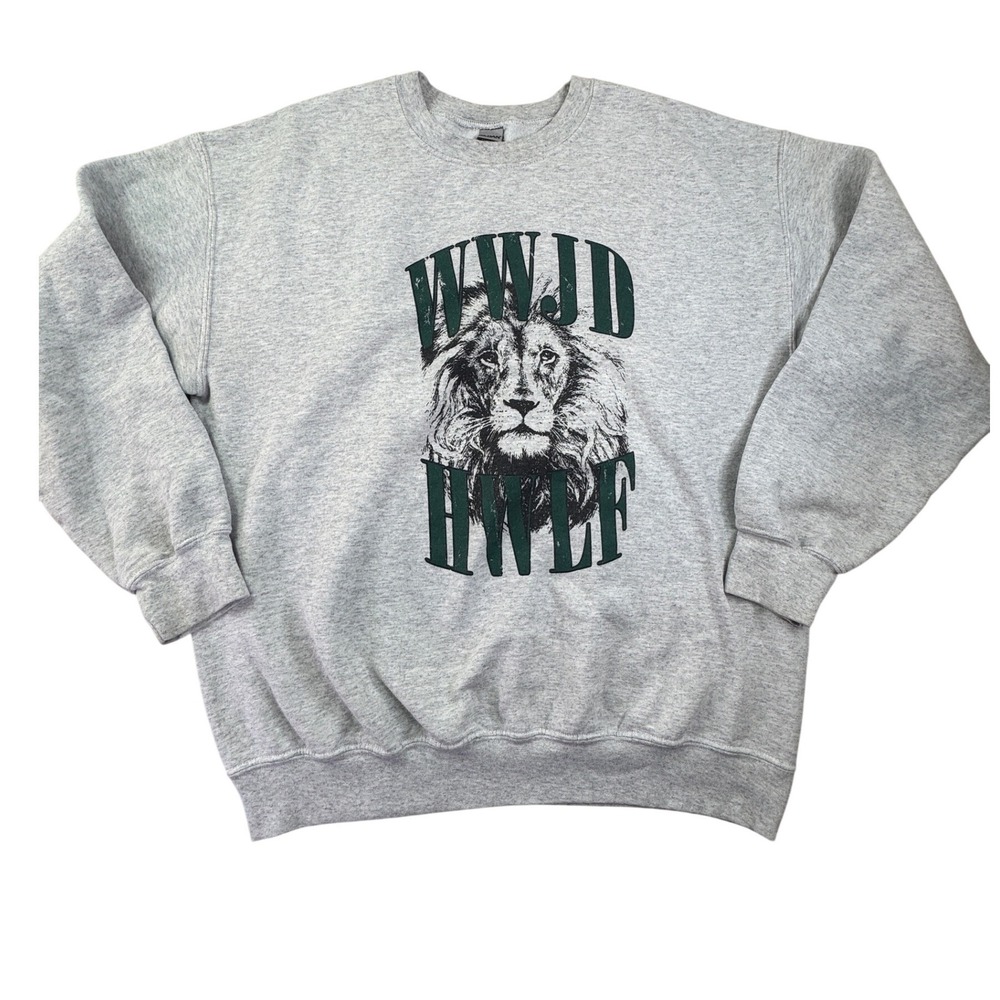Gildan DryBlend WWJD HWLF Lion Graphic Sweatshirt Gray Large Mens Crewneck